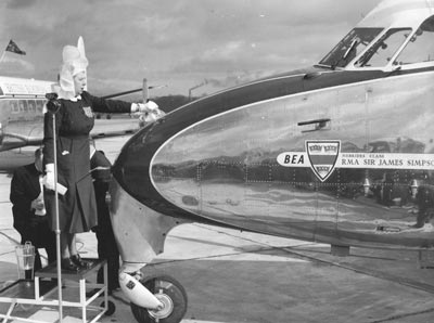 Renfrew 18th March 1955 – DH 114B Heron G-ANXB being officially named Sir James Simpson, by Matron Jean Jolly of the Southern General Hospital, Glasgow